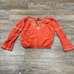 Lucky Brand Women's Size Large Orange Embroidered Long Sleeve Silk Cotton Blouse